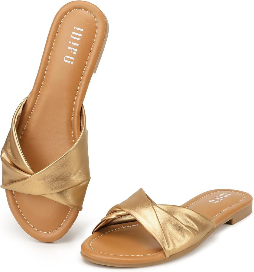 IDIFU Flat Sandals for Women Dressy Comfortable Summer Beach Cute Vacation Slip On Slides Open Ro... | Amazon (US)