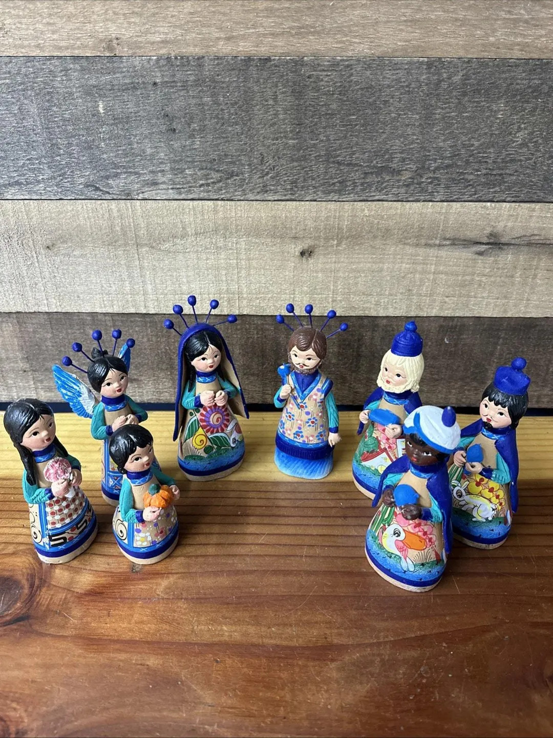 Colorful Blue Mexican Folk Art Clay Hand Painted Nativity Set Of 8 | Etsy (US)