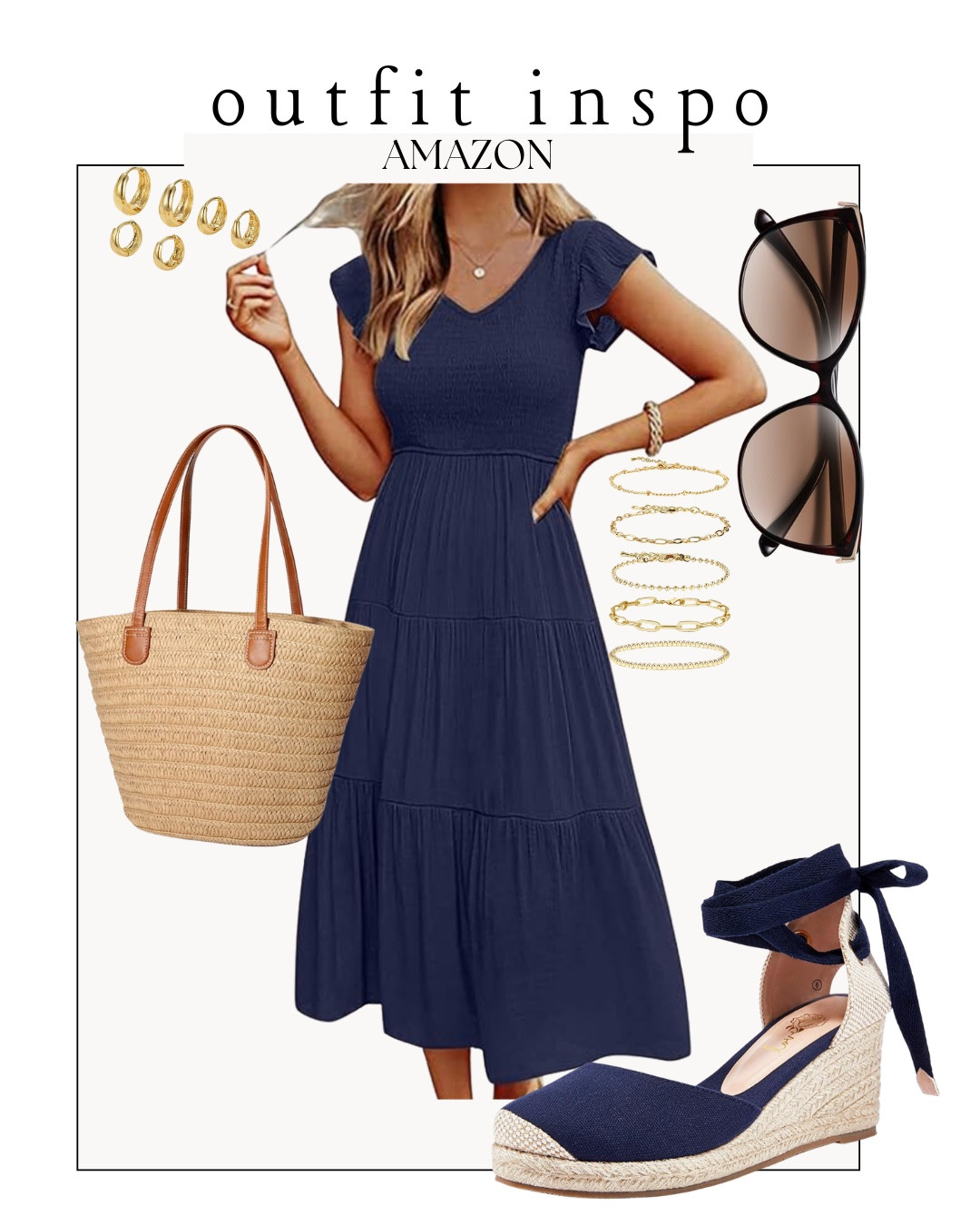 Spring dress outfit from amazon — navy dress, wedge espadrilles, straw tote bag, and gold jewelry 






Spring break vacation, spring break clothes, vacation outfits, tropical outfits, beach outfits, beach clothes, resort wear 2026, spring dresses, Easter dress, spring outfit, sun dress, coastal outfit 

#LTKSaleAlert #LTKSeasonal #LTKootd