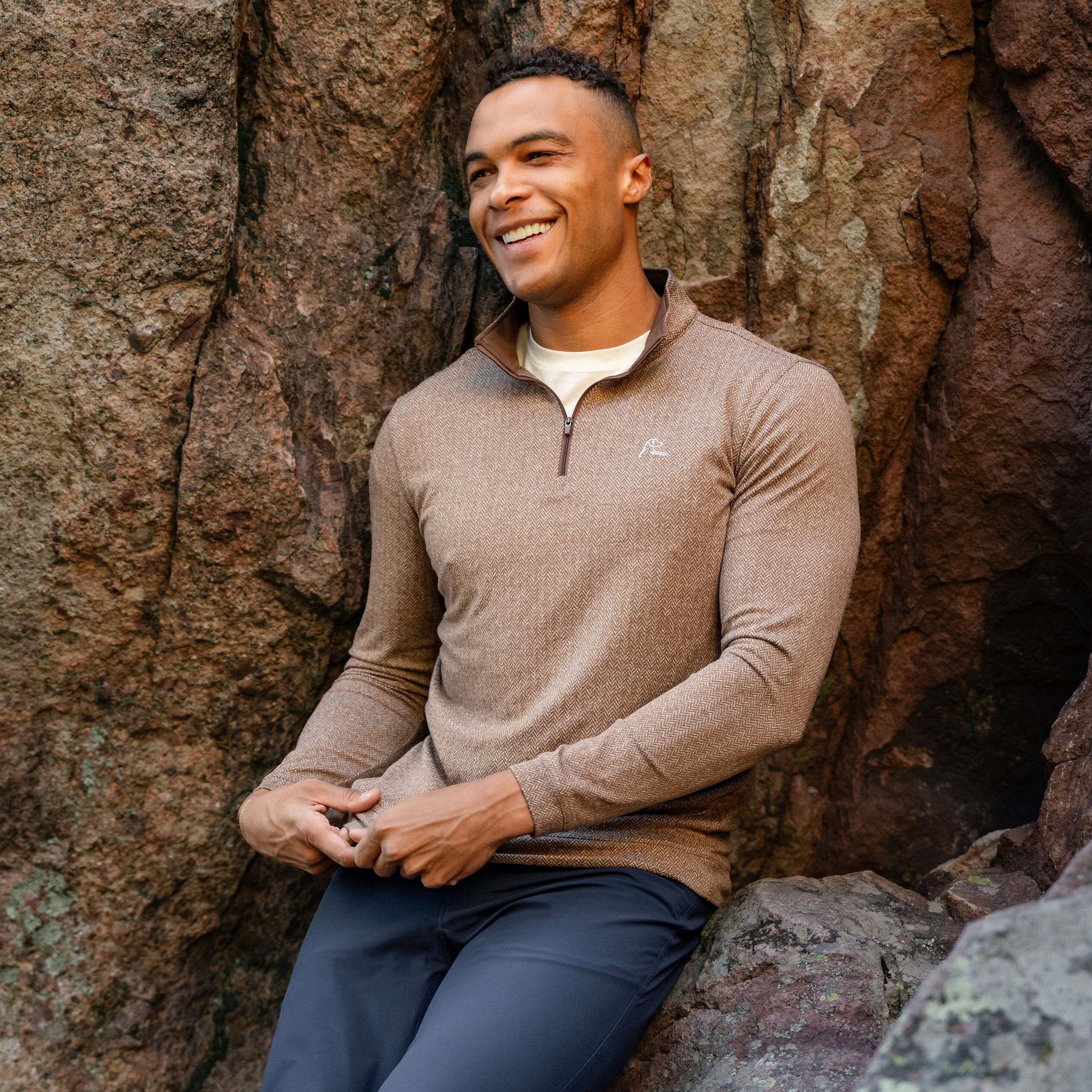 Herringbone Jacquard Performance Q-Zip - Saddle Brown | Rhoback | RHOBACK