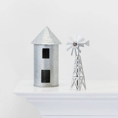 2pc Galvanized Grain Silo and Windmill Decorative Figurine Silver - Wondershop™ | Target