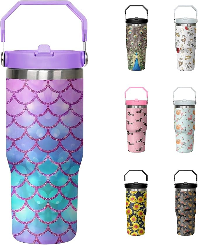 30oz Mermaid Tumbler with Handle and Flip Straw, Stainless Steel Insulated Cup, Travel Coffee Mug... | Amazon (US)