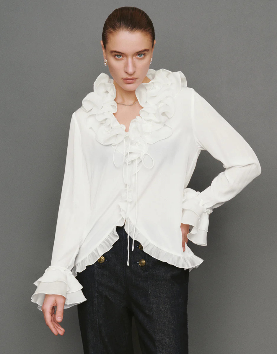 Ruffle V-Neck Tie Front Blouse | Urban Revivo