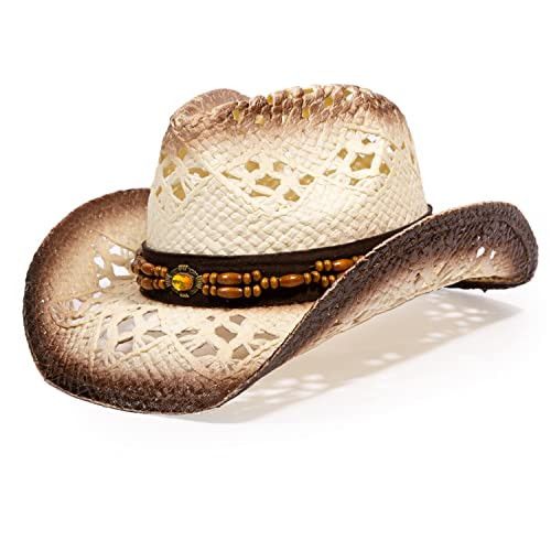 TOVOSO Straw Cowboy Hat for Women and Men with Shape-It Brim, Western Cowboy Hat, Orange/Beads - Tea Stain | Amazon (US)