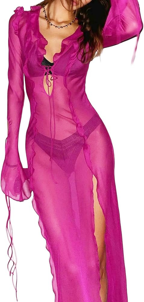 Womens See Throgh Dress Sexy Elegant Hot Pink Mesh Dress Pink Vacation Dress Pink Sheer Dress Pink | Amazon (US)