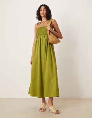 ASOS DESIGN shirred bust cotton poplin midi dress in khaki green | ASOS (Global)