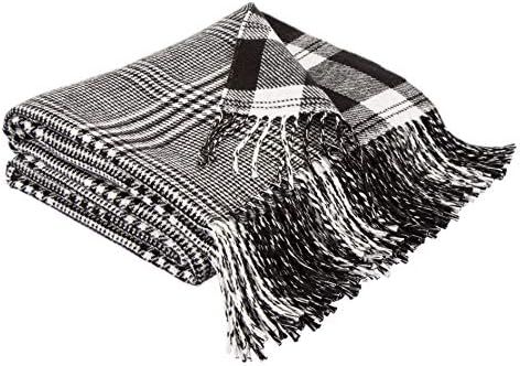 Glitzhome Throw Blanket for Couch Soft Cozy Throw Blanket for Sofa Black White Plaid Shawl with Tass | Amazon (US)