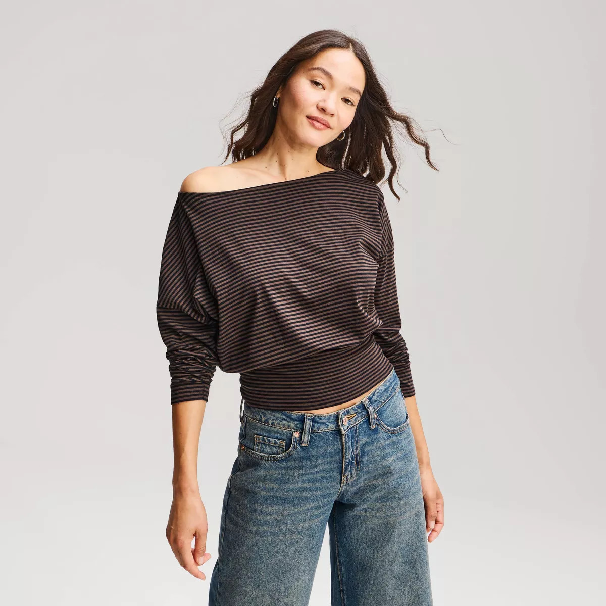 Women's Banded Long Sleeve Off the Shoulder Top - Wild Fable\u2122 Brown Striped | Target