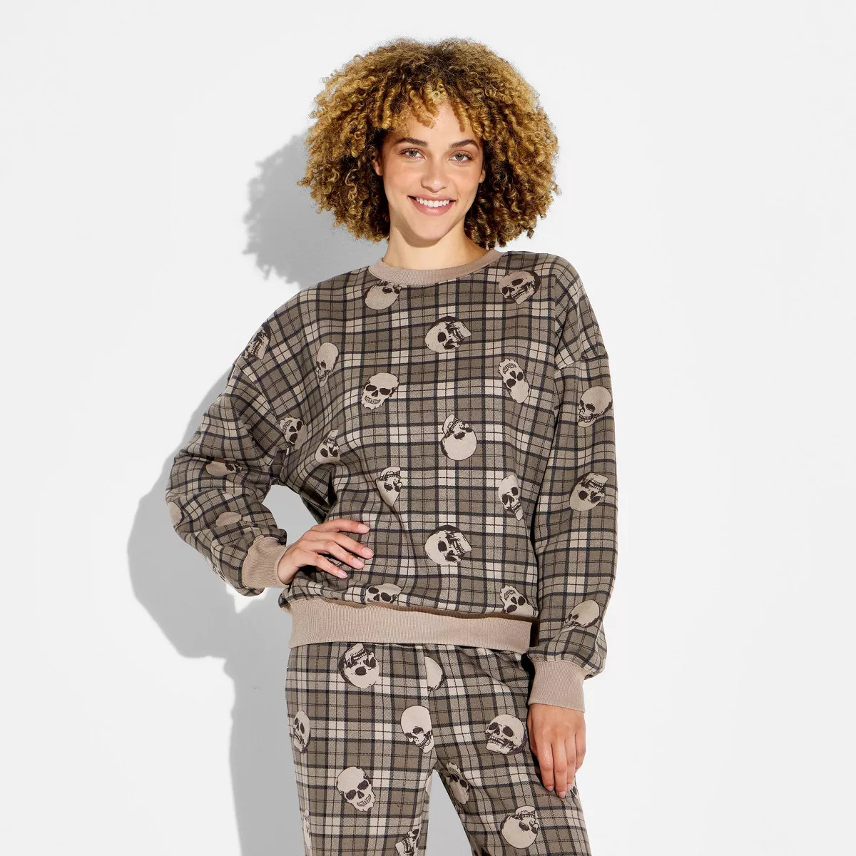Women's Crewneck Plaid Skulls Graphic Pullover Sweatshirt - Brown XXS | Target