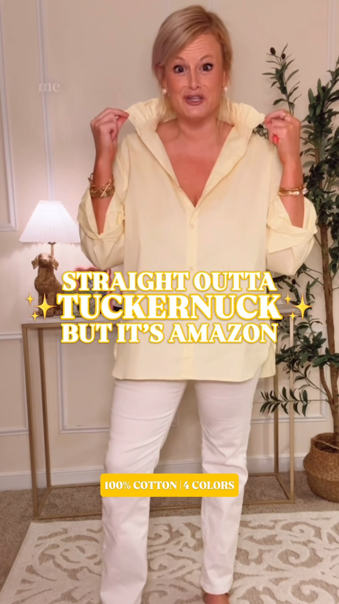 Butter yellow blouse | Tuckernuck inspired blouse | ruffle collar blouse | 100 cotton blouse | Amazon fashion finds

The butter yellow got my attention. The cotton got me to add to cart. The collar took me all the way to checkout. 

This Amazon blouse has every detail I love: a dramatic ruffled stand collar, full gathered sleeves, extra long cuffs, crisp button front, gathered back yoke, curved tunic hem, and the oversized silhouette.

I ordered a large because I wanted it roomy, but the medium would have given me that relaxed oversized fit too. Stay true to size. Available in 4 colors.

This is exactly the kind of top I want heading into August: cheerful enough for late summer, but completely ready for teacher outfits, work outfits, business casual outfits, back to school, and fall transition style.

Tuckernuck energy. Amazon price tag. And now the other three colors have my undivided attention.

Butter yellow blouse, butter yellow outfit, yellow button down shirt, yellow blouse women, yellow ruffle top, ruffle collar blouse, ruffle neck blouse, statement blouse, statement sleeve blouse, dramatic sleeve blouse, full sleeve blouse, oversized button down shirt, oversized blouse women, tunic blouse, cotton button down shirt, 100 cotton blouse, statement collar blouse, colorful blouse, feminine blouse, preppy blouse, Tuckernuck inspired blouse, Tuckernuck style for less, Amazon designer look for less, Amazon fashion finds, Amazon blouse, preppy style, modern preppy style, teacher blouse, teacher outfit ideas, back to school teacher outfits, work blouse women, work outfit ideas, business casual top women, fall transition top, summer to fall transition outfits, early fall outfit, preppy fall style

#LTKFindsUnder50 #BackToSchoolOutfits
#WorkOutfits #AmazonFinds #Tuckernuck #PreppyStyle #TeacherOutfit #Workwear #FallTransition #LookForLess

#LTKSeasonal #LTKOver40 #LTKWorkwear