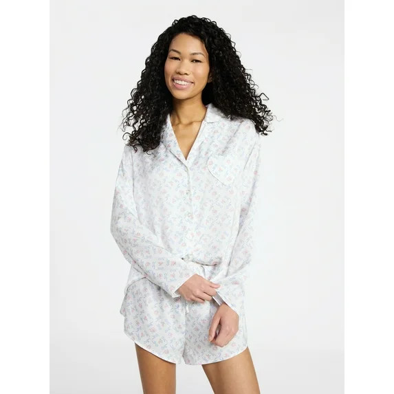 No Boundaries Sleepwear Satin Long Sleeve Button-Up Top and Shorts Set, 2-Piece, Women’s XS-XXL | Walmart (US)