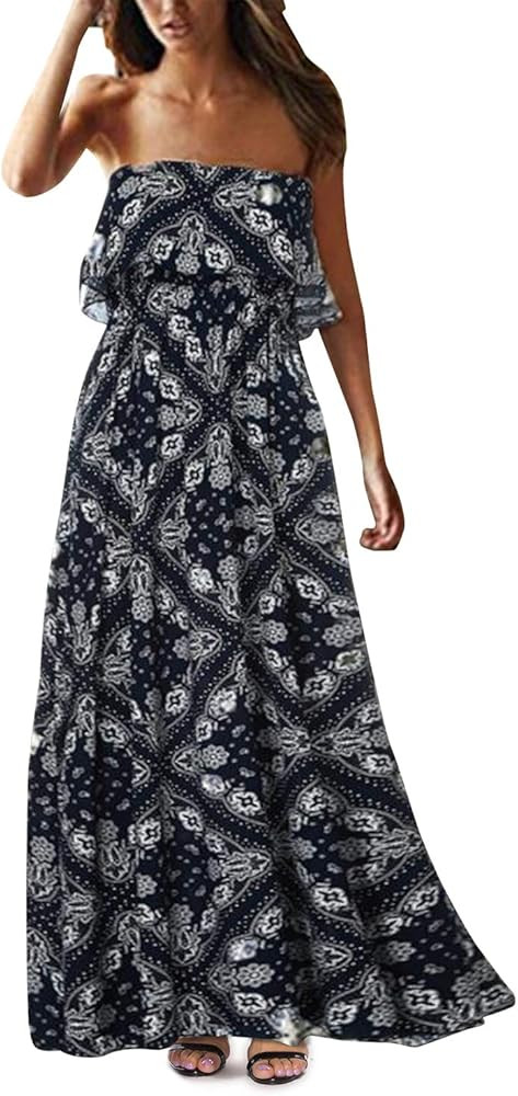 Yidarton Women Summer Blue and White Porcelain Strapless Boho Maxi Long Dress | Amazon (US)