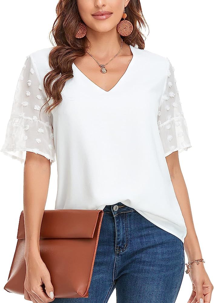 GOORY Swiss Dot Tops for Women Short Flare Sleeve V Neck Chiffon Blouses Casual Work Shirts | Amazon (US)