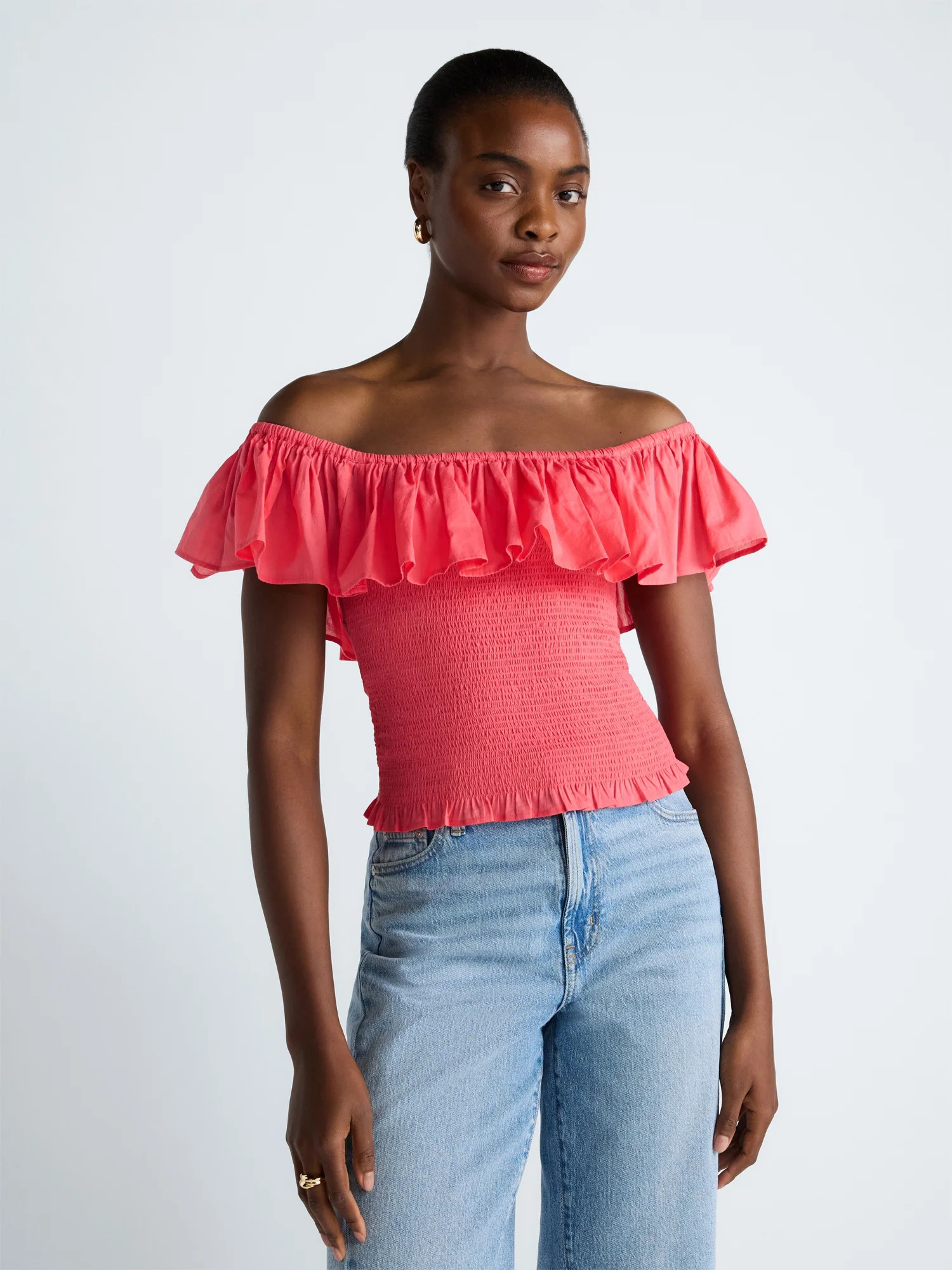 Scoop Women’s and Women’s Plus Off-the-Shoulder Smocked Ruffle Cotton Top, Sizes XS-4X | Walmart (US)