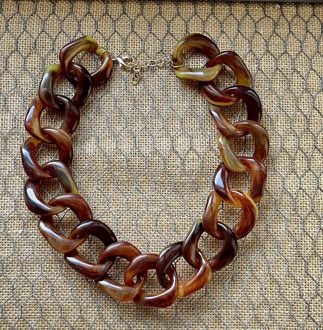 Tiger Eye Tortoise Shell Leopard Chunky Chain Lucite Link Housewife Resin Statement Necklace Addi... | Etsy (US)