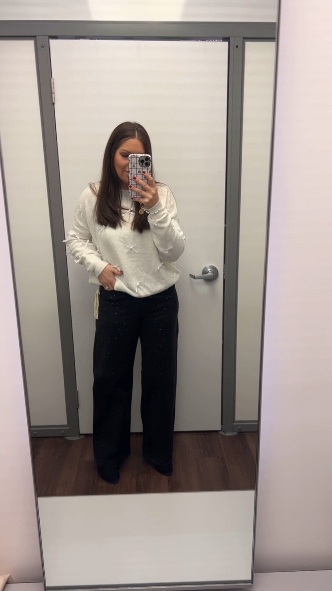 Last minute holiday outfit! Great for a get together or even a work party 🎄
I LOVE the studded detail on these pants! 

I’m wearing a small in the bottoms and a medium in the sweater for a more oversized fit. 

Holiday Outfit | Walmart | No Boundaries | Affordable Holiday Fit 

#LTKSeasonal #LTKFindsUnder50 #LTKHoliday