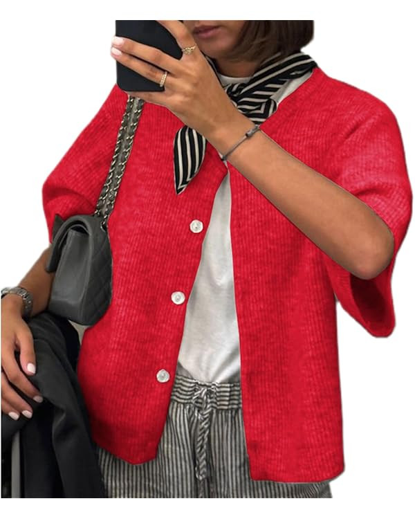 Women Knitted Button Down Short Sleeve Tops Y2K Solid Color Crew Neck Relaxed Sweater Cardigan Go... | Amazon (US)