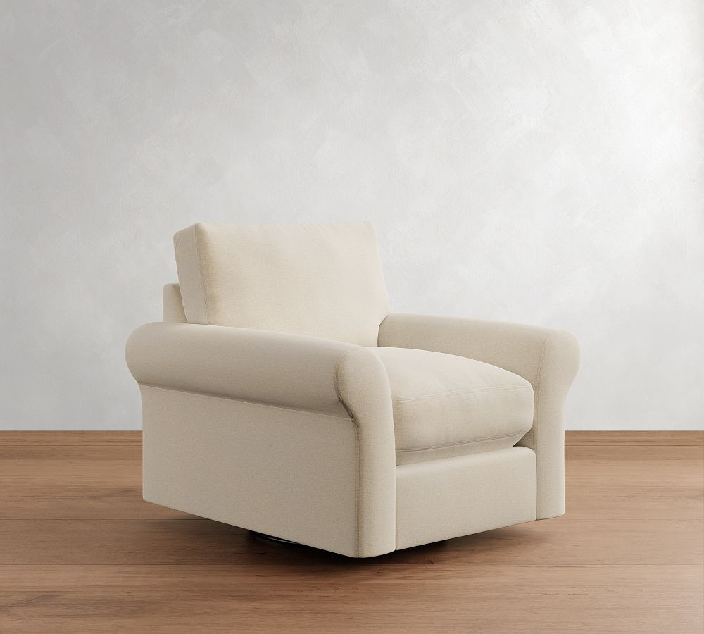 PB Comfort Modern Roll Arm Upholstered Swivel Armchair, Down Blend Wrapped Cushions, Rustic Chenille Ivory | Pottery Barn (US)