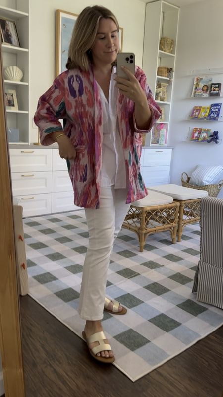 Great jacket for chilly nights - one size fits all. I’m a medium/large. Jeans are my favorite white jeans. I’m 5’7"

#LTKmidsize #LTKtravel #LTKSeasonal
