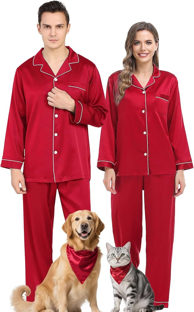 Matching Couples Pajamas: Couples pajama set is made of lightweigh satin(95% Polyester, 5% Spande... | Amazon (US)