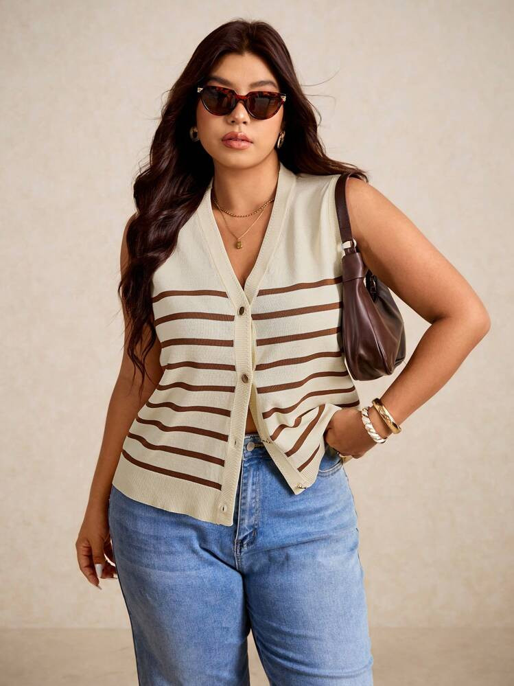Elaquor Plus Size Summer Casual Striped Knit Vest,Business Casual Woman,Teacher Outfits For Women In Fall/Winter | SHEIN