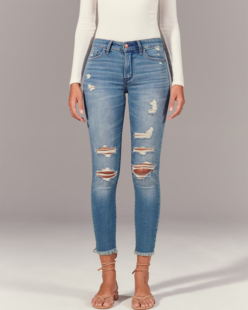 Ripped Mid Rise Super Skinny Ankle Jeans | Abercrombie & Fitch (US)