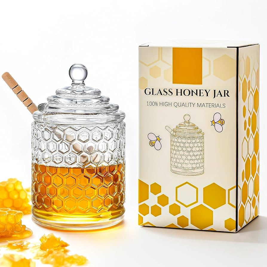 kanpura Clear Crystal Honey Pot with Dipper and Lid Glass Honey Jar with Dispenser Honey Holder a... | Amazon (US)