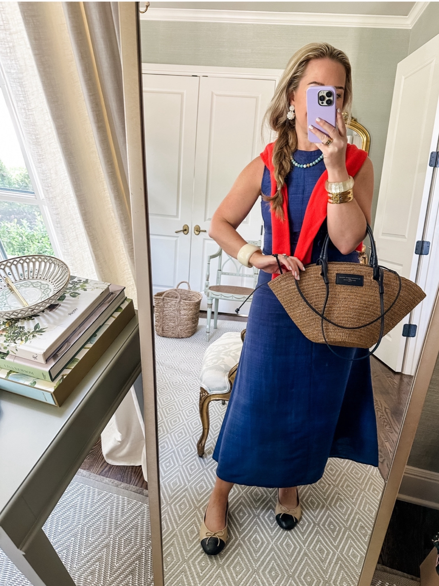 In the spirit a day early! 🇺🇸🎇🧨 Sweater is old jcrew cashmere and bracelets are vintage. Wearing a Small in the dress. 