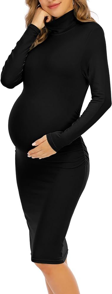 Yeshape Turtleneck & Long Sleeve Maternity Dress Side Ruched Maternity Dress for Daily Wear Baby ... | Amazon (US)