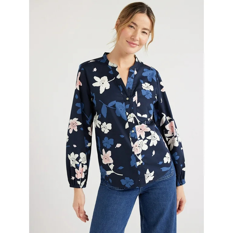 Free Assembly Women’s Floral Split Neck Button Front Shirt with Long Sleeves, Sizes XS-XXL | Walmart (US)