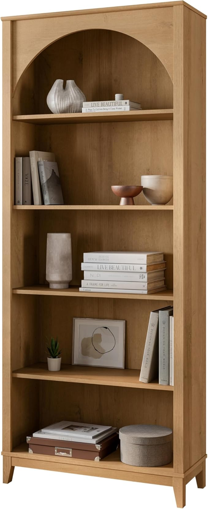 Prepac Ark 78" Tall 5-Tier Arched Bookcase in Natural Oak, Modern Storage Accent Bookshelf with 3... | Amazon (US)