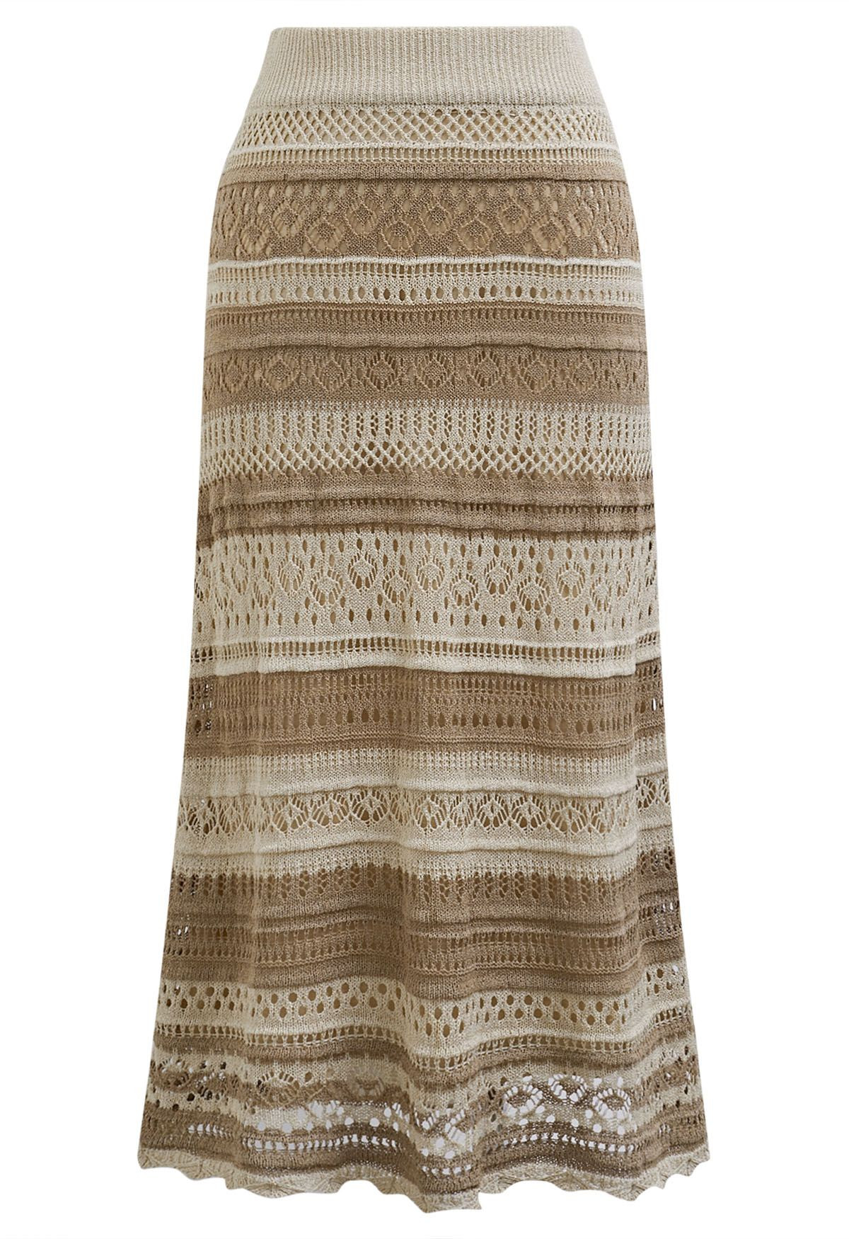 Striped Pointelle Lace Knit Midi Skirt in Oatmeal | Chicwish