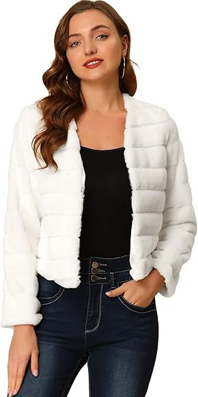 Allegra K Women's Winter Warm Cropped Jacket Collarless Faux Fur Fluffy Coat | Amazon (US)