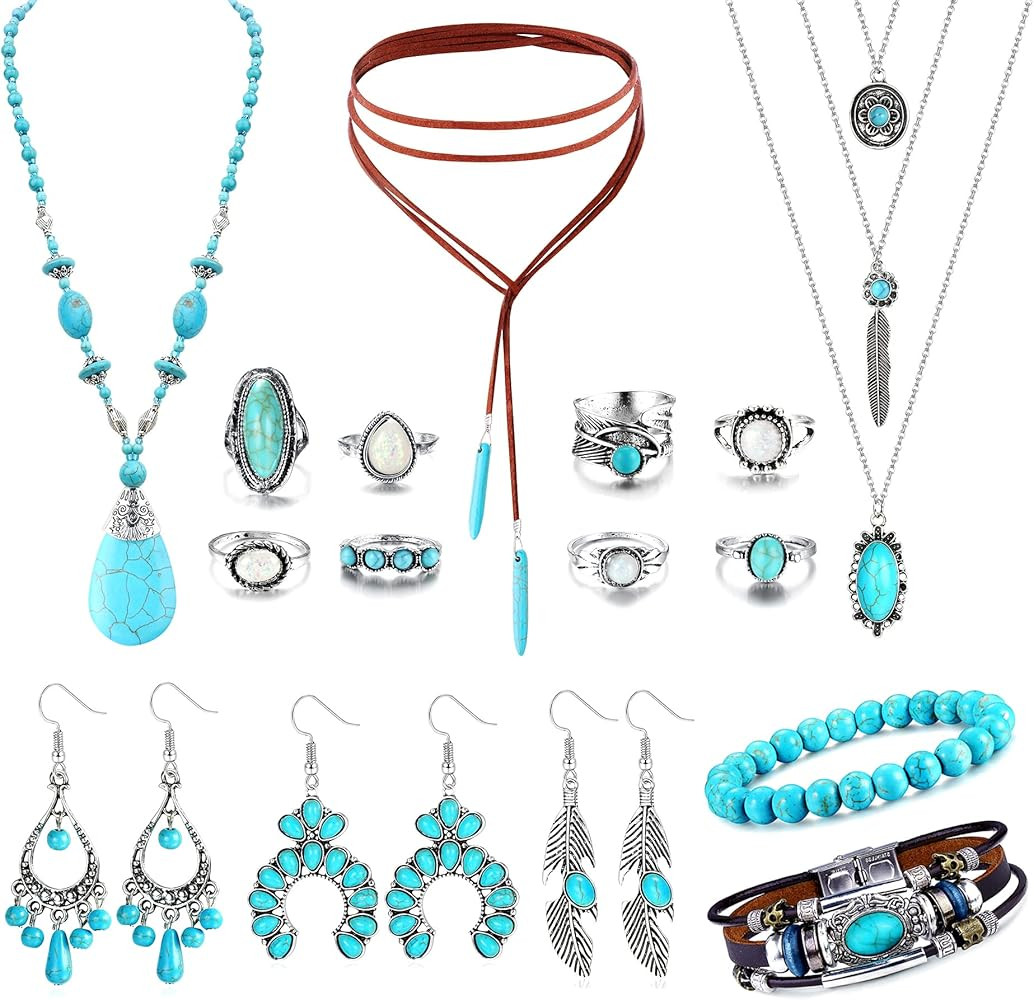 Sanfenly Bohemian Turquoise Jewelry Set for Women Western Jewelry Turquoise Pendant Necklace, Long C | Amazon (US)