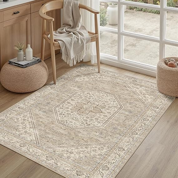 DCX Machine Washable Brown and Beige Entryway Rug 3x5, Non Slip Stain Resistant Vintage Floral Ru... | Amazon (US)