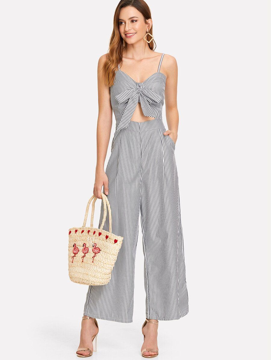 Cut Out Knot Front Striped Jumpsuit | SHEIN