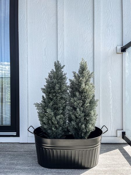 P A T I O / paired the oval matte black metal tub I got from Walmart for an ice bucket, with the 3 foot artificial cedar trees I got from Amazon at Christmas, & I’m loving how it turned out on my patio. She’s styled for summer 🤌🏻

#LTKsummer #LTKcanada #LTKhome