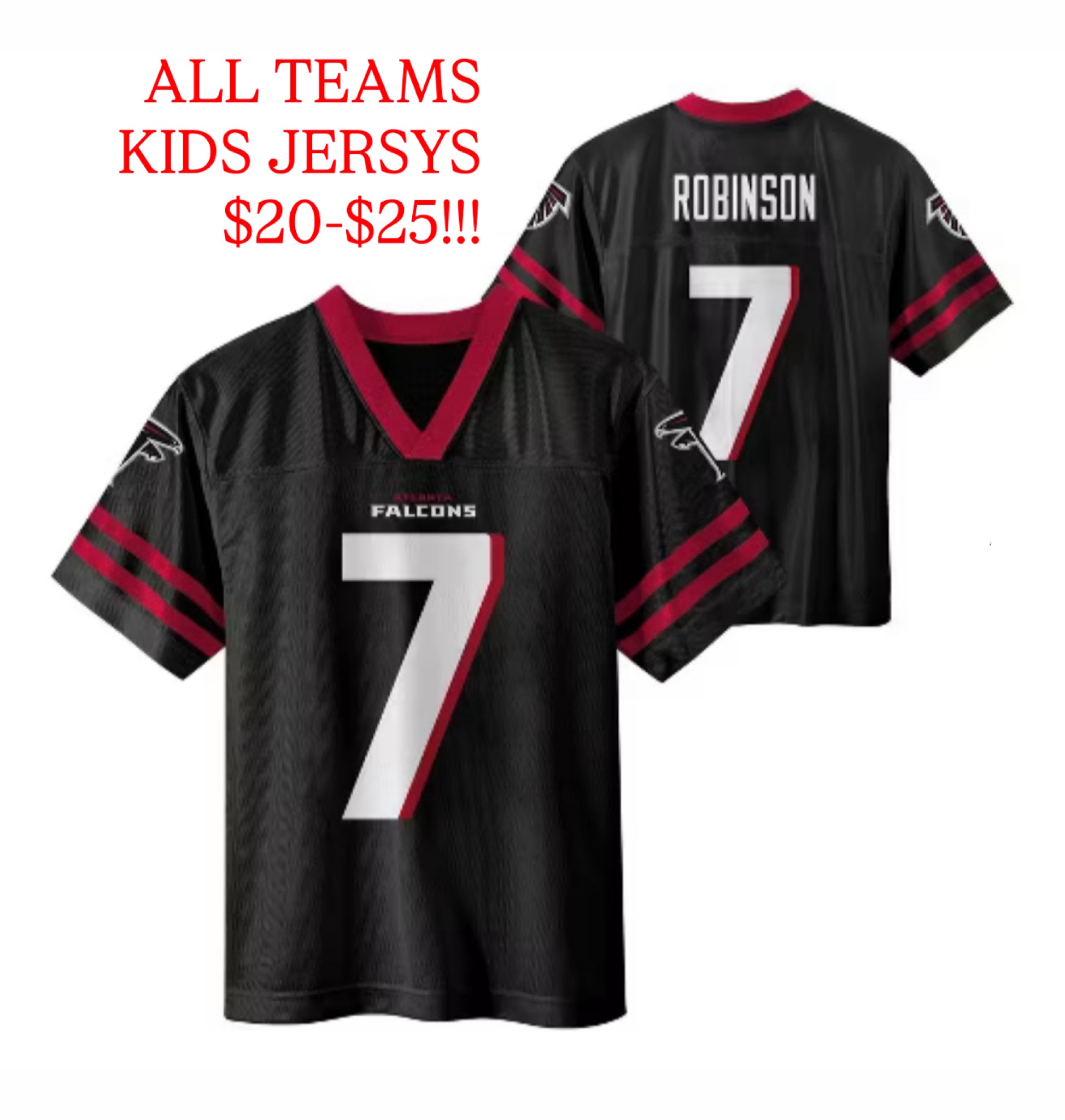 My son only ever wants to wear jerseys!! I got this Falcons jersey for him for $35 in stores a few weeks ago for his birthday coming up!! Today they are on sale anywhere from $20-25!! All popular names and teams!! And quality is great considering the price!! 

#LTKKids #LTKCyberWeek #LTKSaleAlert