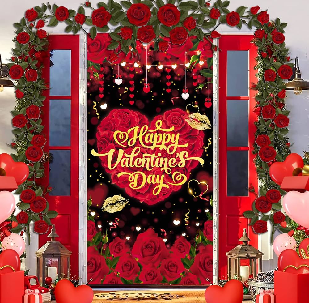 GYA 3x6ft Valentine's Day Rose Door Cover Red Love Heart Door Cover Banner Romantic Dinner Couple... | Amazon (US)