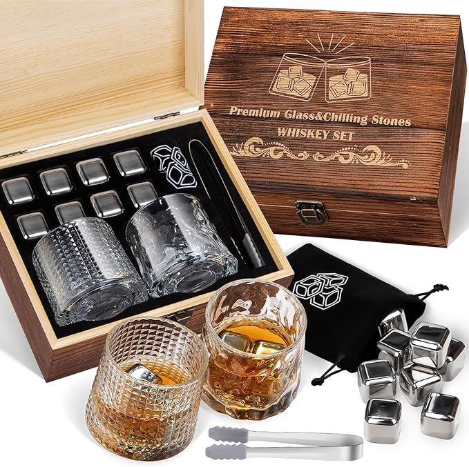 Whiskey Glasses Set of 13 Gifts for Men - Whiskey Stones Bourbon Rock Glass with Wooden Gift Box,... | Amazon (US)
