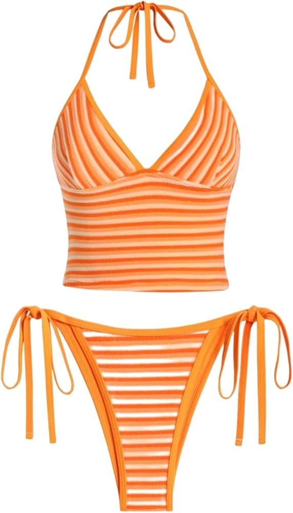 ZAFUL Women's Halter Tankini Swimsuits V Neck Tummy Control Tie Side Thong Bikini Swimsuits 2 Pie... | Amazon (US)