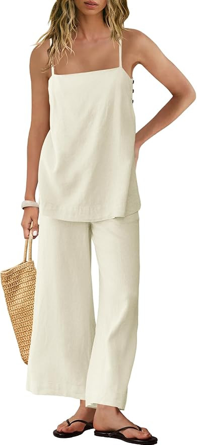 Panadila 2 Piece Linen Set Summer Travel Beach Vacation Outfit Sexy Spaghetti Strap Tank Top and ... | Amazon (US)