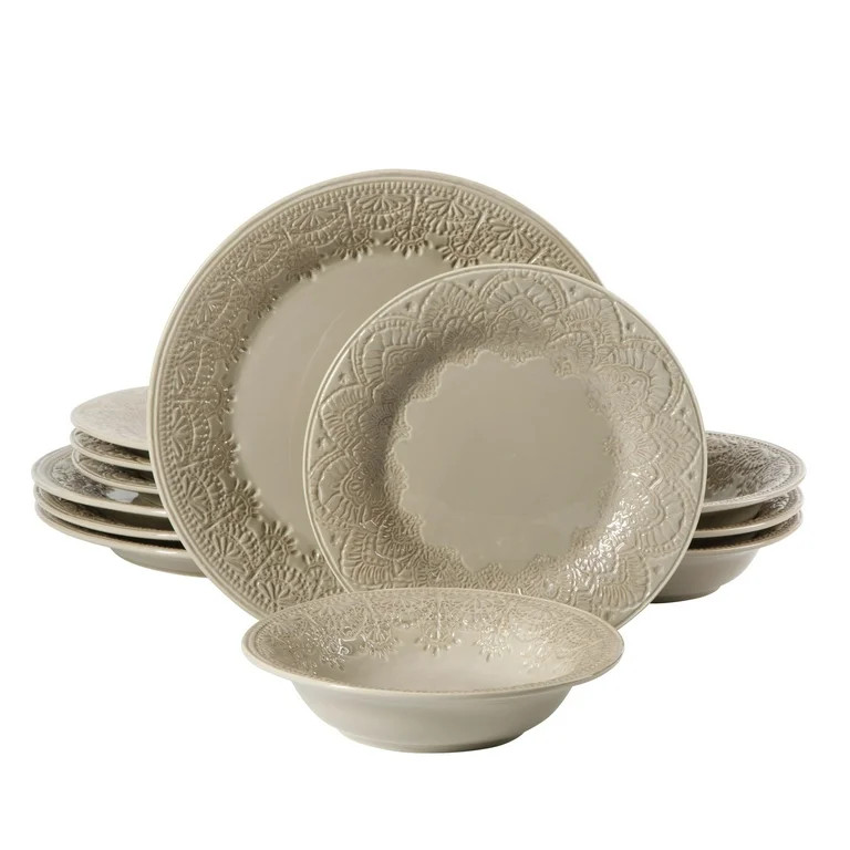 The Pioneer Woman Vintage Lace 12-Piece Ceramic Dinnerware Set, Taupe | Walmart (US)