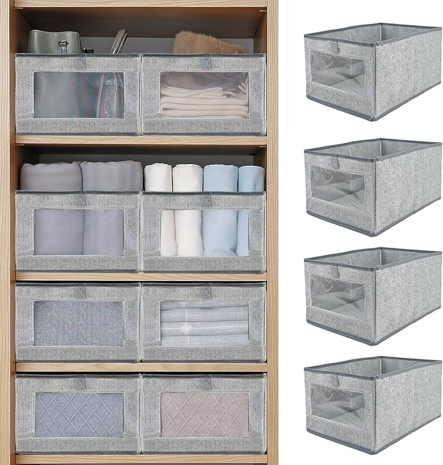 6 Pieces Linen Closet Storage Bins with Clear Window, Shelf Basket Closet Clothes Organizer Stora... | Amazon (US)