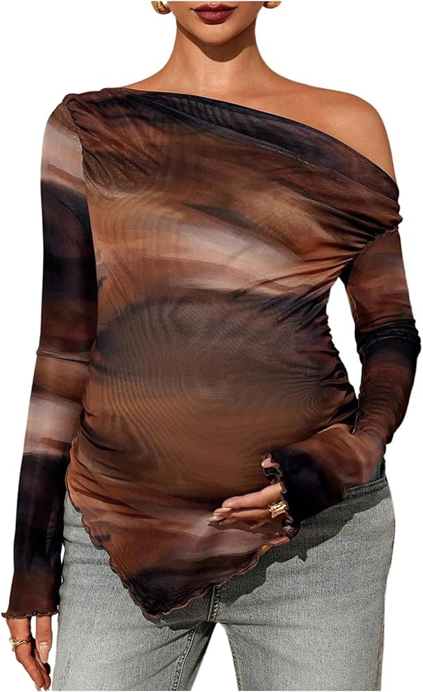 RoseSeek Women's Maternity Off The Shoulder Asymmetrical Tops Mesh Shirts | Amazon (US)