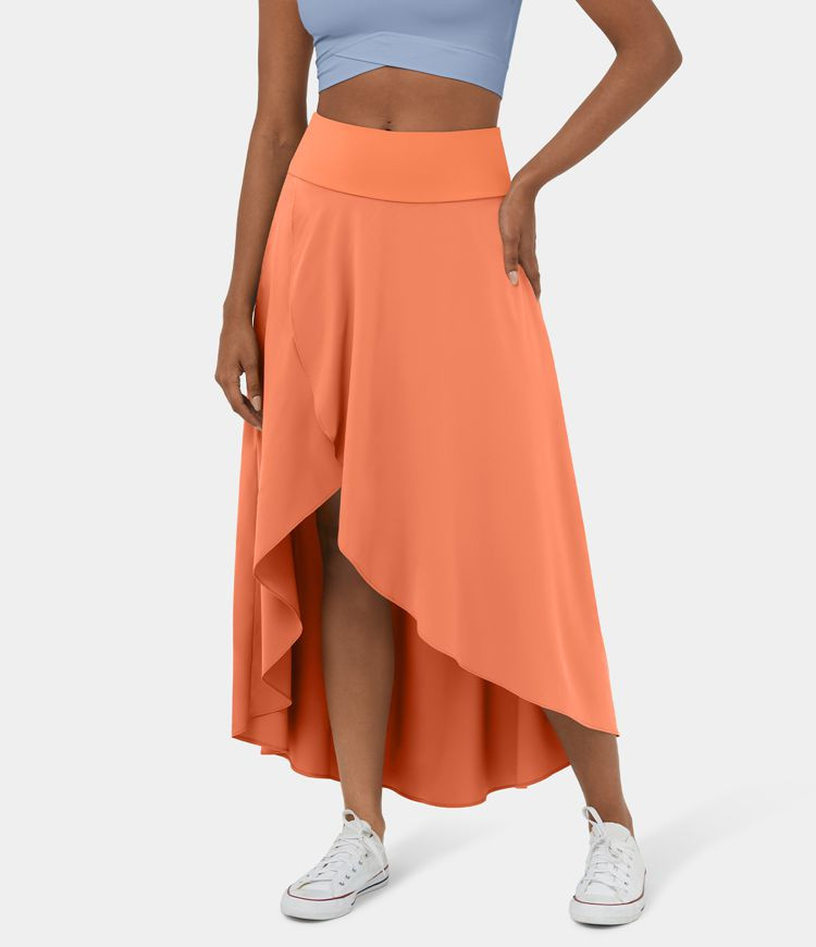Breezeful™ High Waisted High Low Ruffle 2-in-1 Flowy Quick Dry Casual Regular Maxi Skirt | HALARA