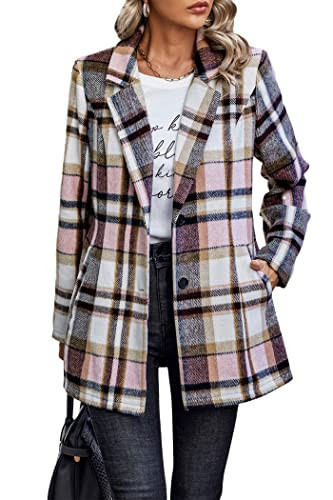 PRETTYGARDEN Women Plaid Shacket Jacket Trendy Fall Casual Button Wool Blend Tartan Trench Coat Winter Clothing with Pockets (Short Style Pink,Large) | Amazon (US)