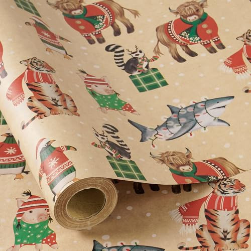 RUSPEPA Kraft Christmas Wrapping Paper Roll, Mini Roll, Adorable Animal Design with Tiger, Pig, Shark, Cow and Penguin, Kraft Gift Wrap for Kids, Friends, Holiday, Winter Party, 17 Inches x 16.4 Feet | Amazon (US)