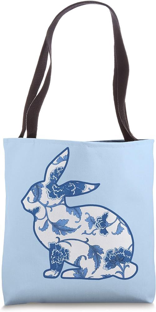 Chinoiserie Bunny Rabbit Vintage Blue Floral Easter Basket Tote Bag | Amazon (US)