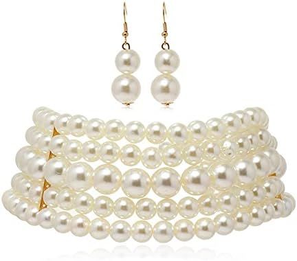 wekicici Wekicici Pearl Necklace Earrings Set Multi-Layer Pearl Choker Necklace Fashion Costume A... | Amazon (US)